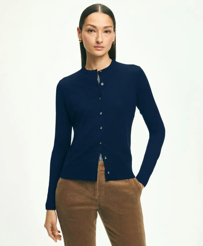 Women Merino Wool Cardigan Navy Brooks Brothers Sweaters