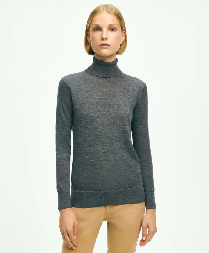 Women Merino Wool Turtleneck Grey Heather Brooks Brothers Sweaters