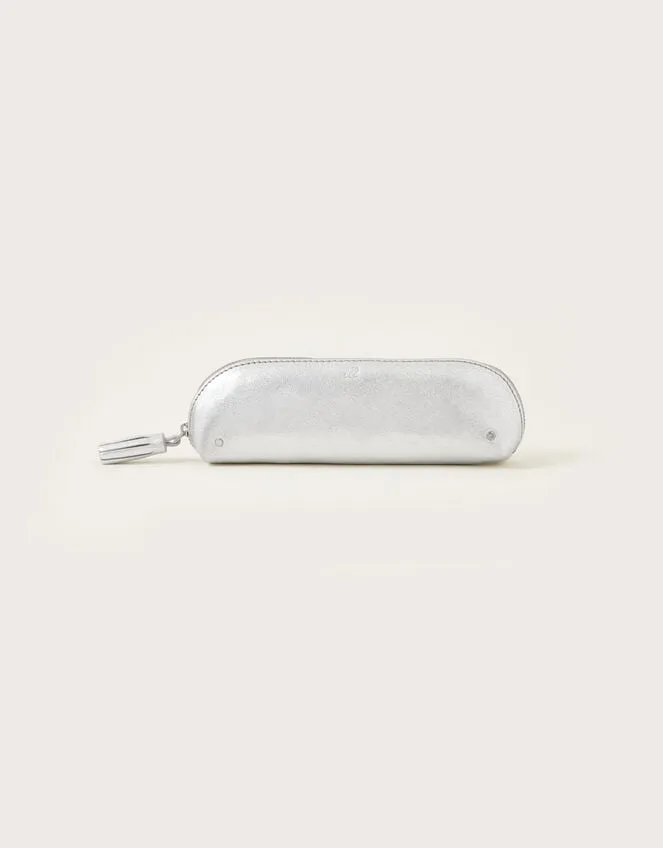 Women Metallic Leather Pencil Case Silver Monsoon Bags and Purses