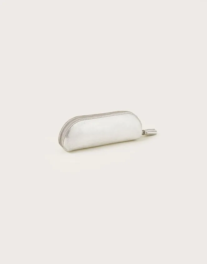 Women Metallic Leather Pencil Case Silver Monsoon Bags and Purses