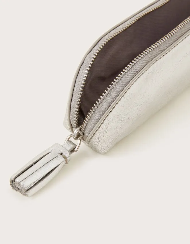 Women Metallic Leather Pencil Case Silver Monsoon Bags and Purses