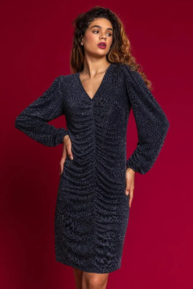 Women Midnight Blue Shimmer Abstract Print Ruched Dress Roman Dresses