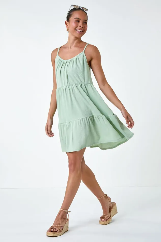 Women Mint Petite Textured Stretch Strappy Smock Dress Roman Dresses