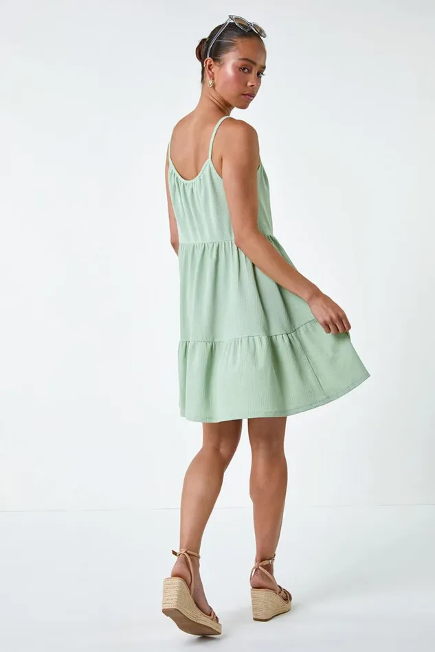 Women Mint Petite Textured Stretch Strappy Smock Dress Roman Dresses