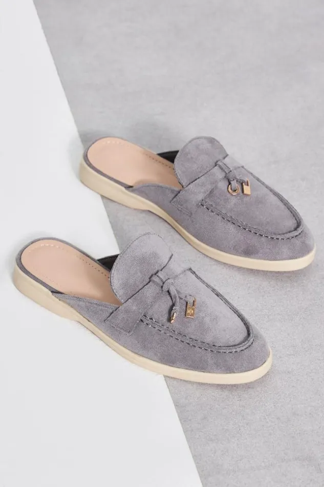 Women Mocassin En Velours Gris Ouvert Grey Brentiny Paris Loafers