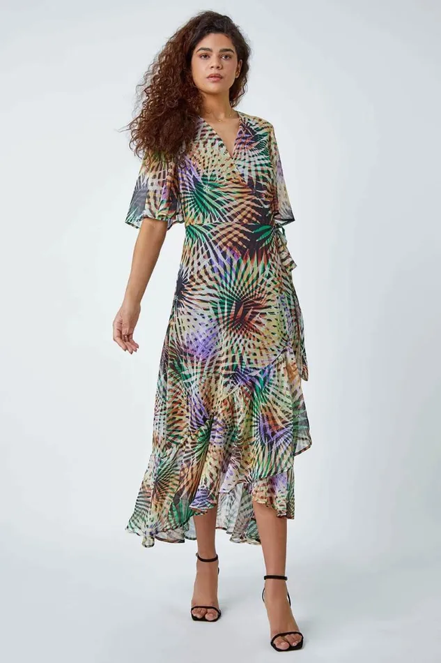 Women Multi Abstract Print Maxi Wrap Dress Roman Dresses