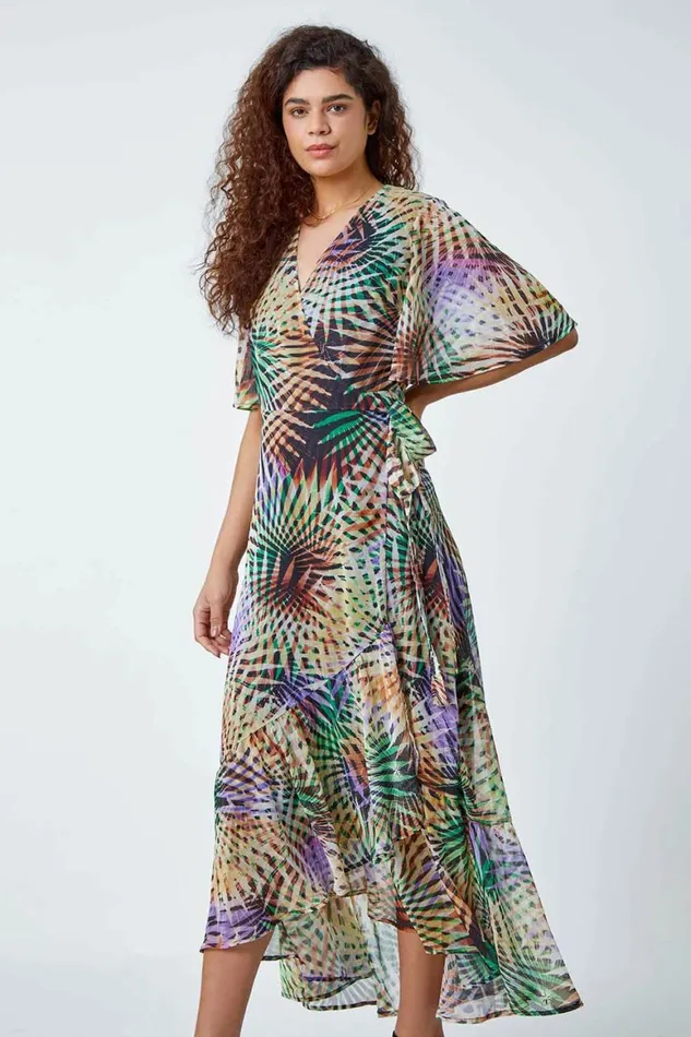 Women Multi Abstract Print Maxi Wrap Dress Roman Dresses