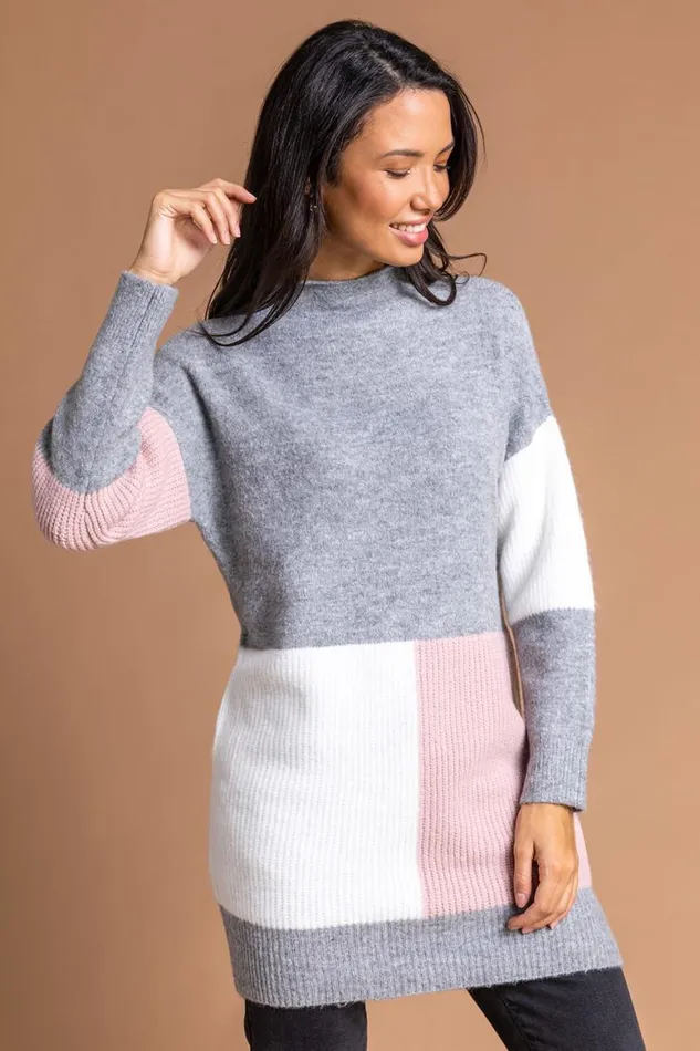 Women Multi Colourblock High Neck Tunic Roman Dresses