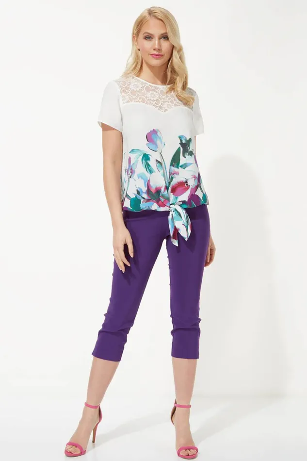 Women Multi Floral Border Print Tie Front Chiffon Top Roman Tops
