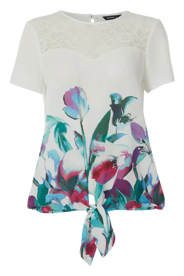 Women Multi Floral Border Print Tie Front Chiffon Top Roman Tops