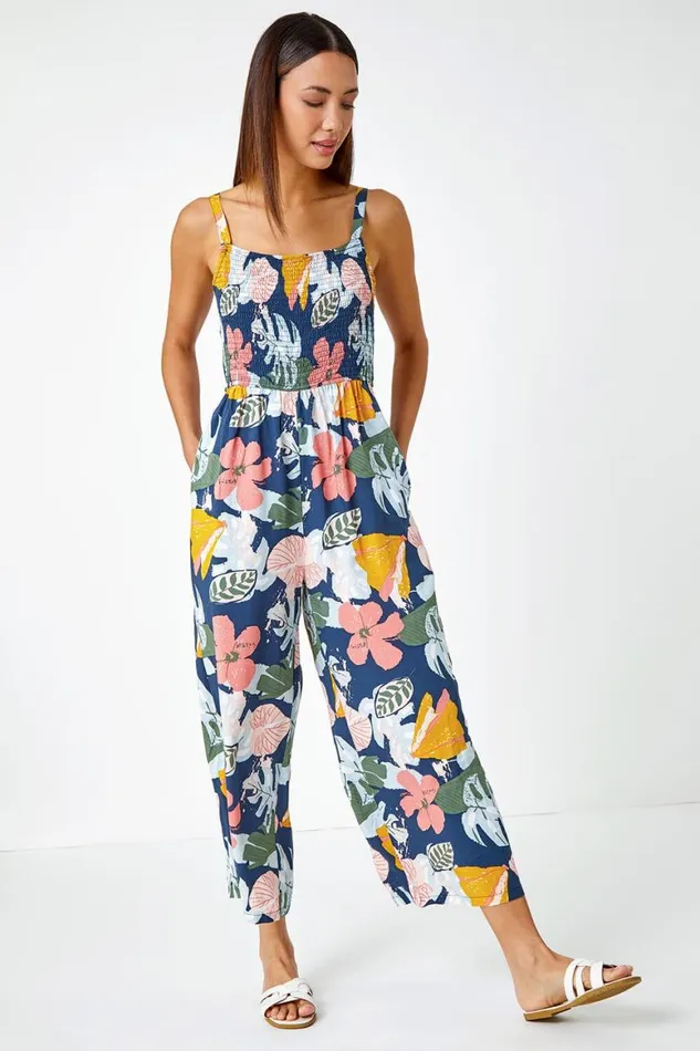 Women Multi Floral Print Stretch Jumpsuit Roman Dresses