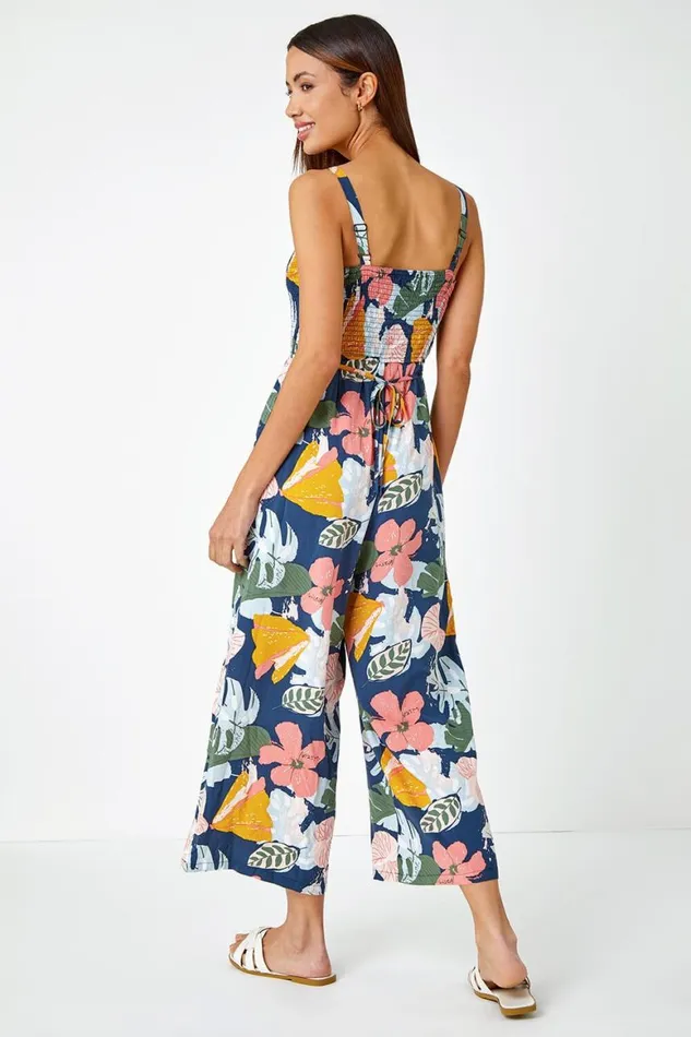 Women Multi Floral Print Stretch Jumpsuit Roman Dresses