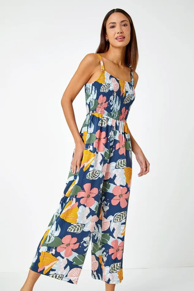 Women Multi Floral Print Stretch Jumpsuit Roman Dresses