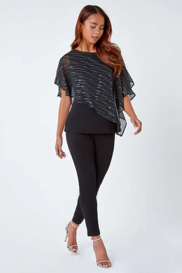 Women Multi Petite Shimmer Chiffon Overlay Stretch Top Roman Tops
