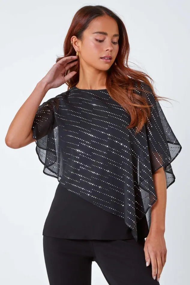 Women Multi Petite Shimmer Chiffon Overlay Stretch Top Roman Tops