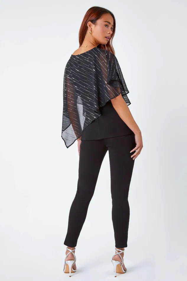 Women Multi Petite Shimmer Chiffon Overlay Stretch Top Roman Tops