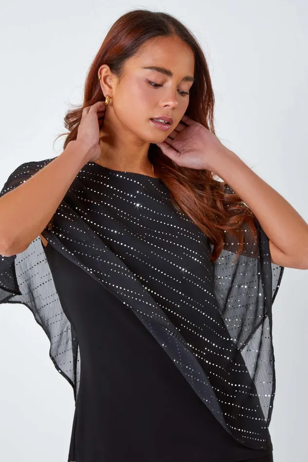 Women Multi Petite Shimmer Chiffon Overlay Stretch Top Roman Tops