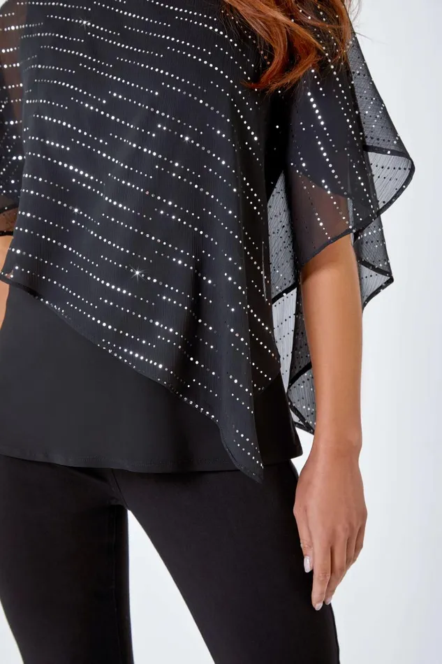 Women Multi Petite Shimmer Chiffon Overlay Stretch Top Roman Tops