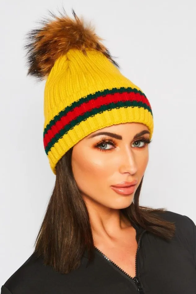 Women Mustard Wool Hat With Fur Pompom Brentiny Paris Beanie