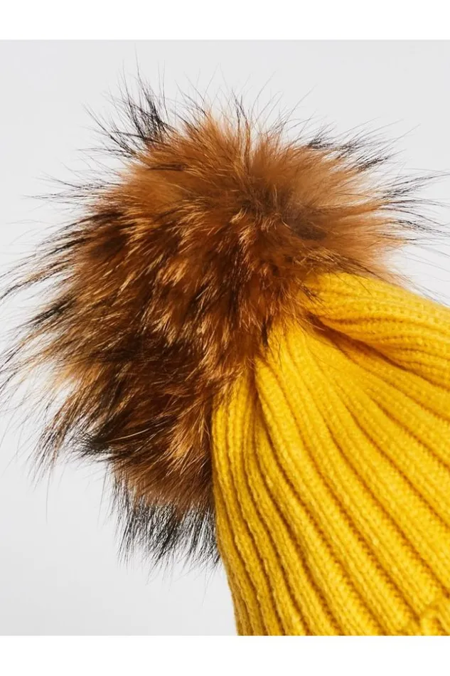Women Mustard Wool Hat With Fur Pompom Brentiny Paris Beanie Women Mustard Wool Hat With Fur Pompom Brentiny Paris Beanie