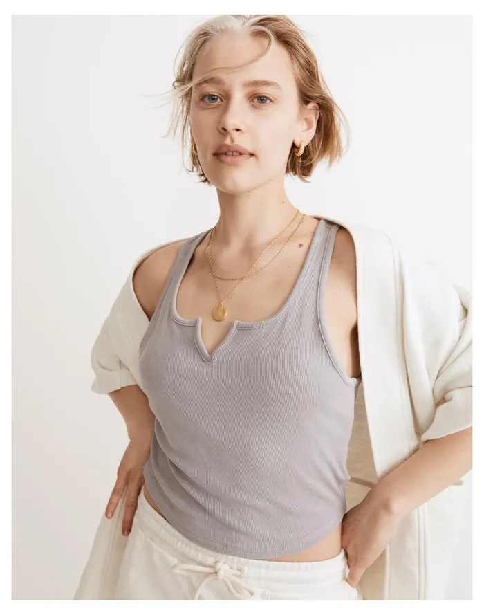 Women MWL Ribbed Split Neck Crop Tank Faded Lavender Madewell Activewear