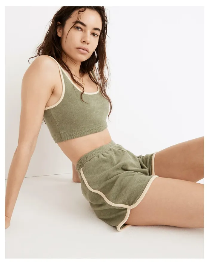 Women MWL Towel Terry Curved Hem Shorts In Colorblock Faded Palm Madewell MWL Athleisure Women MWL Towel Terry Curved Hem Shorts In Colorblock Faded Palm Madewell MWL Athleisure
