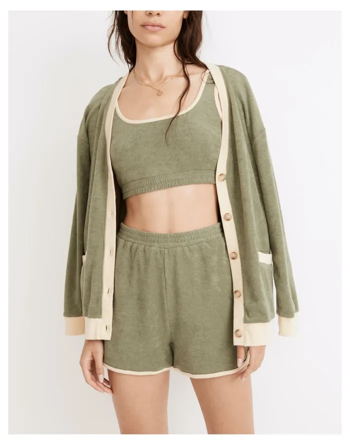 Women MWL Towel Terry Curved Hem Shorts In Colorblock Faded Palm Madewell MWL Athleisure Women MWL Towel Terry Curved Hem Shorts In Colorblock Faded Palm Madewell MWL Athleisure