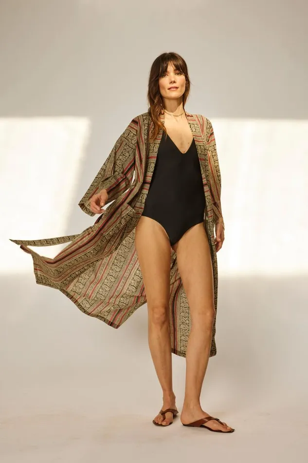 Women Natalie Martin Coverups Diane Smoking Jacket Paisley Stripe Black