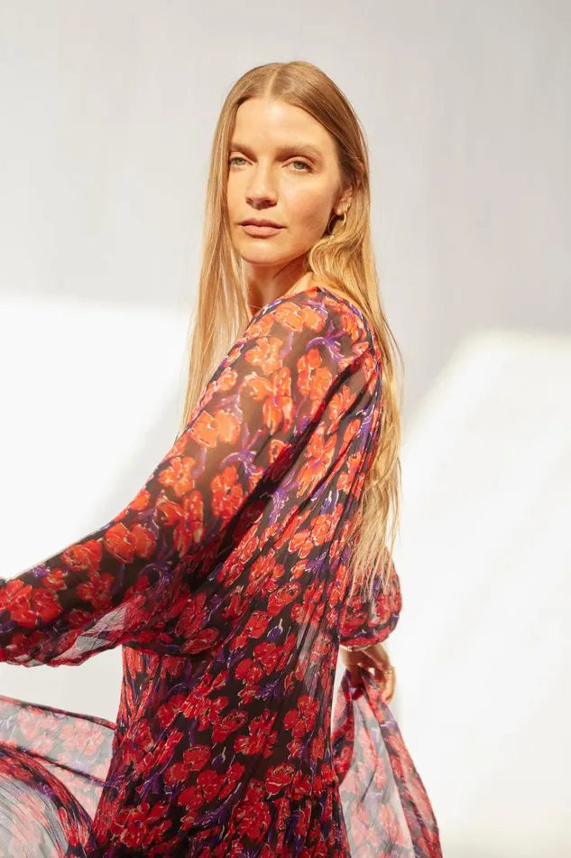 Women Natalie Martin Dresses Lainey Dress With Sash Chiffon Watercolor Print Onyx Women Natalie Martin Dresses Lainey Dress With Sash Chiffon Watercolor Print Onyx