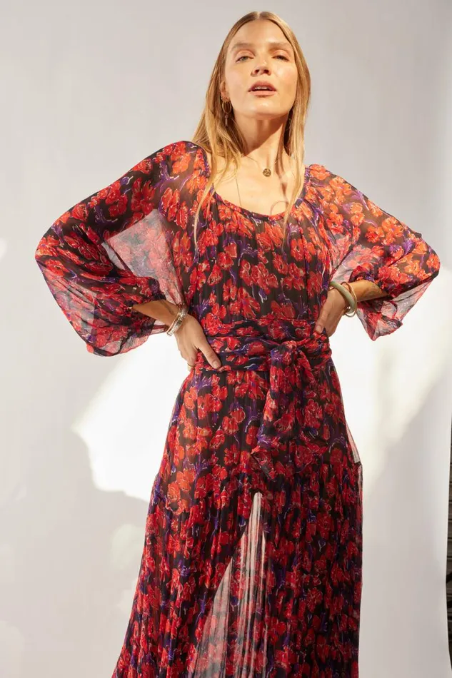 Women Natalie Martin Dresses Lainey Dress With Sash Chiffon Watercolor Print Onyx Women Natalie Martin Dresses Lainey Dress With Sash Chiffon Watercolor Print Onyx