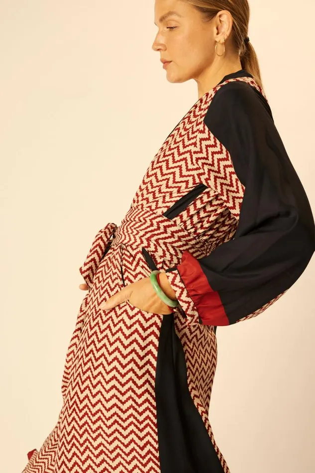 Women Natalie Martin Dresses Nico LS Maxi With Sash Block Zigzag Noire
