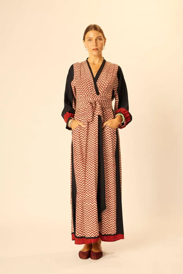 Women Natalie Martin Dresses Nico LS Maxi With Sash Block Zigzag Noire