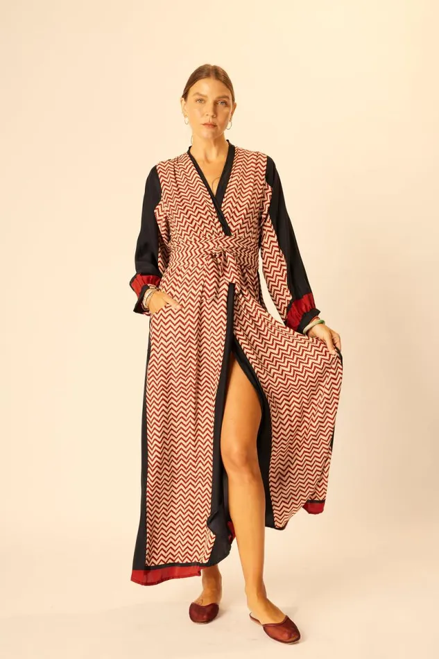 Women Natalie Martin Dresses Nico LS Maxi With Sash Block Zigzag Noire