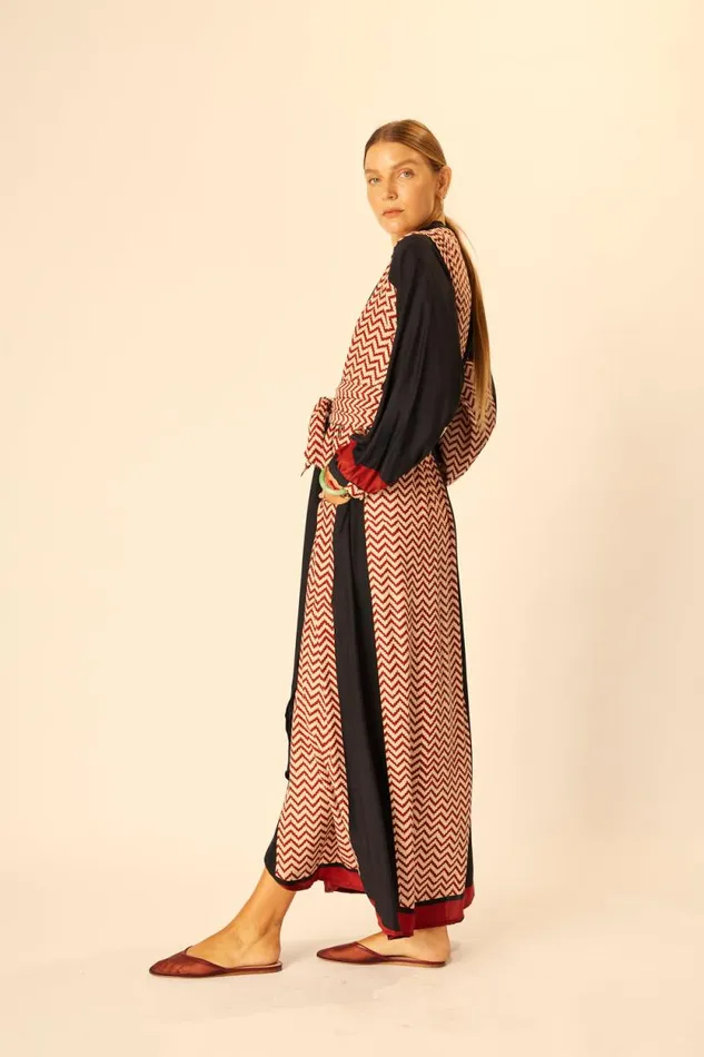 Women Natalie Martin Dresses Nico LS Maxi With Sash Block Zigzag Noire
