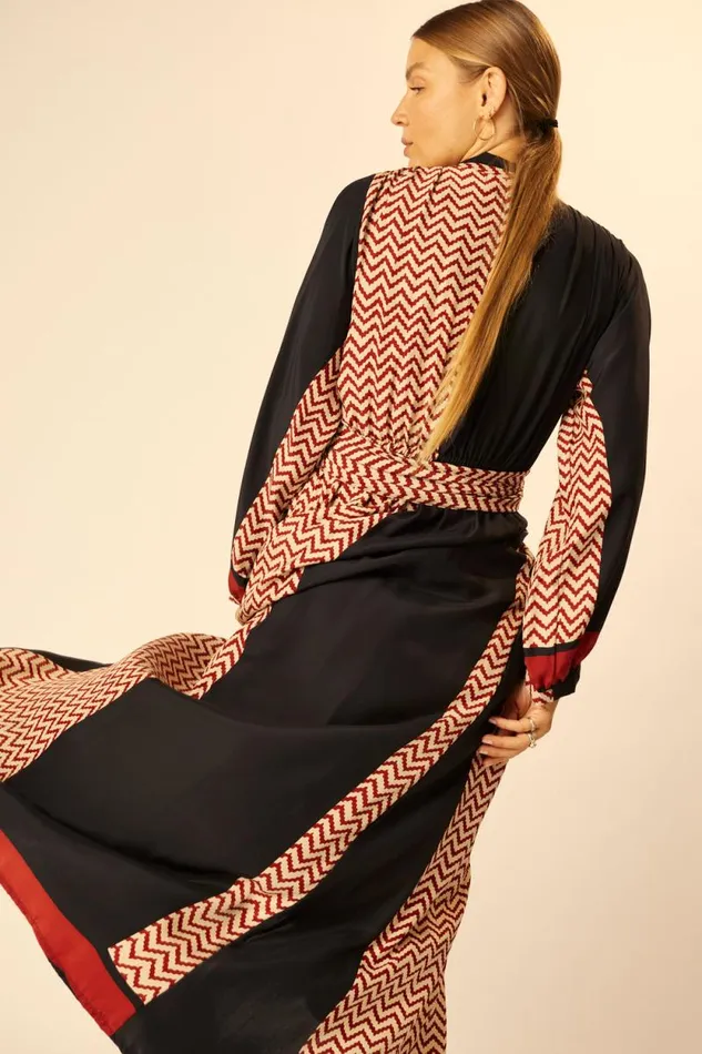 Women Natalie Martin Dresses Nico LS Maxi With Sash Block Zigzag Noire