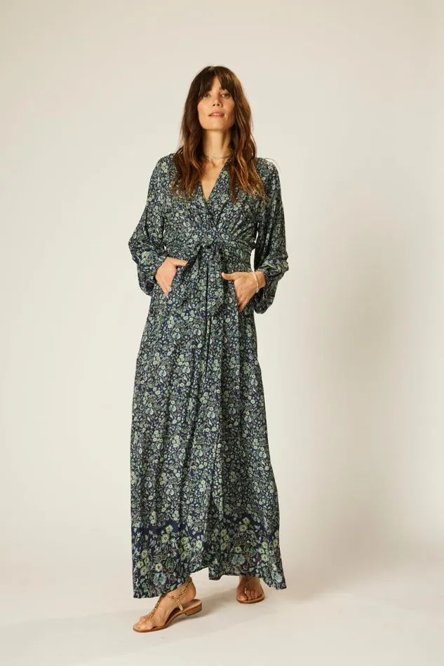 Women Natalie Martin Dresses Nico LS Maxi With Sash Petite Fleur Marine