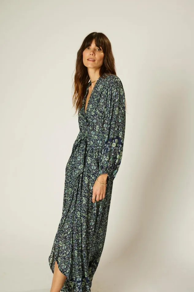 Women Natalie Martin Dresses Nico LS Maxi With Sash Petite Fleur Marine