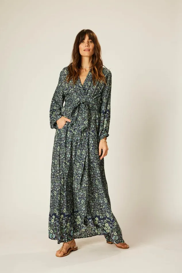Women Natalie Martin Dresses Nico LS Maxi With Sash Petite Fleur Marine