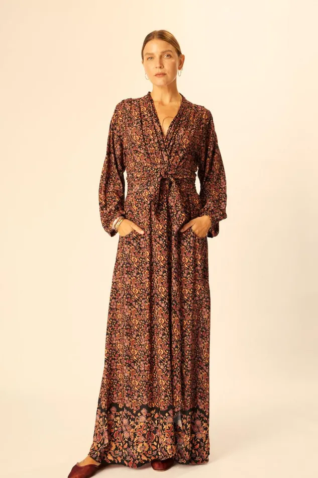 Women Natalie Martin Dresses Nico LS Maxi With Sash Petite Fleur Noire