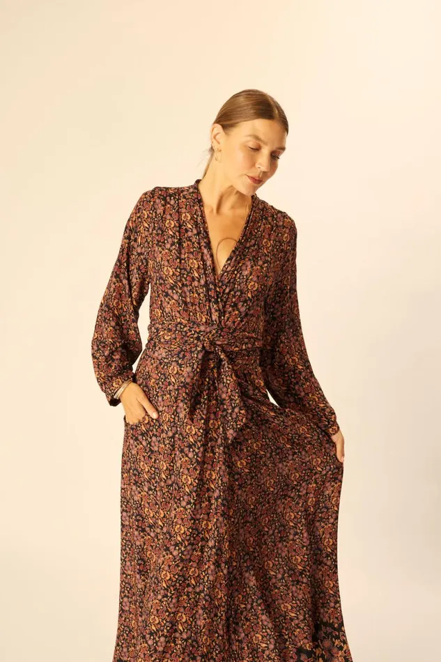 Women Natalie Martin Dresses Nico LS Maxi With Sash Petite Fleur Noire