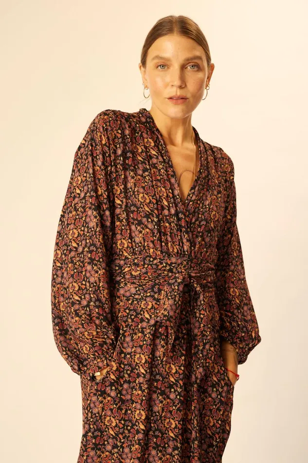 Women Natalie Martin Dresses Nico LS Maxi With Sash Petite Fleur Noire