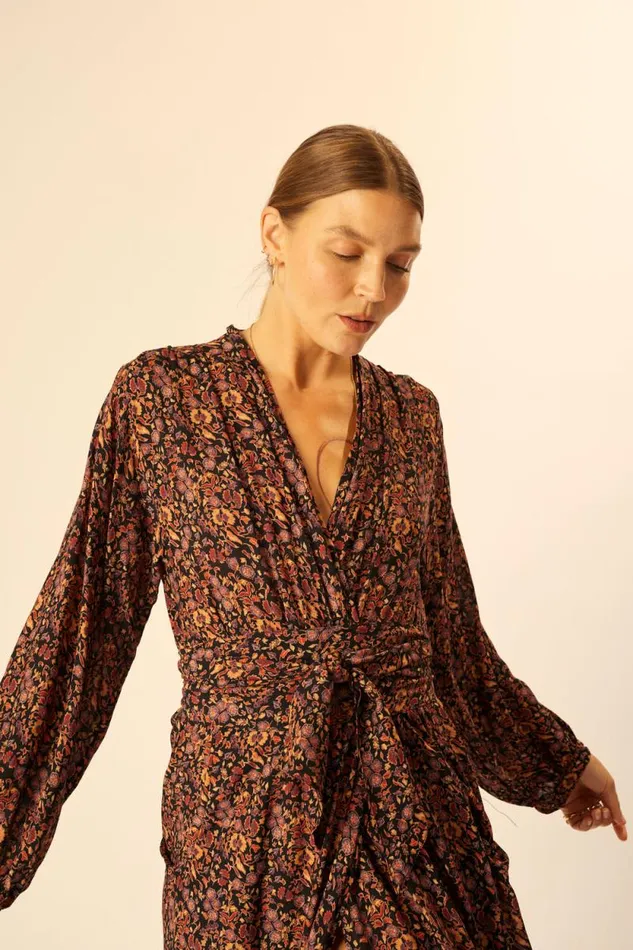 Women Natalie Martin Dresses Nico LS Maxi With Sash Petite Fleur Noire