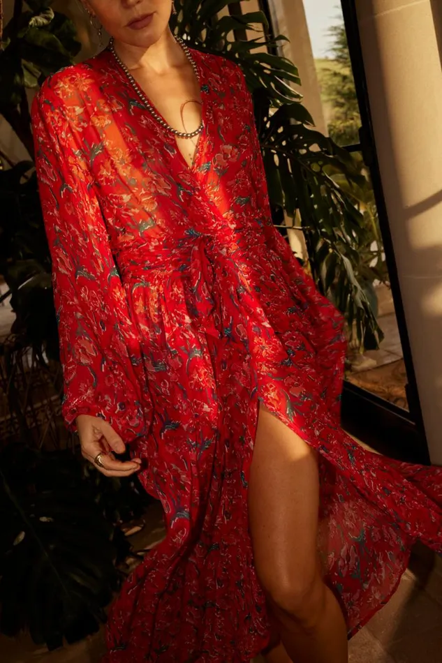 Women Natalie Martin Dresses Nico LS Maxi With Sash Silk Watercolor Onyx