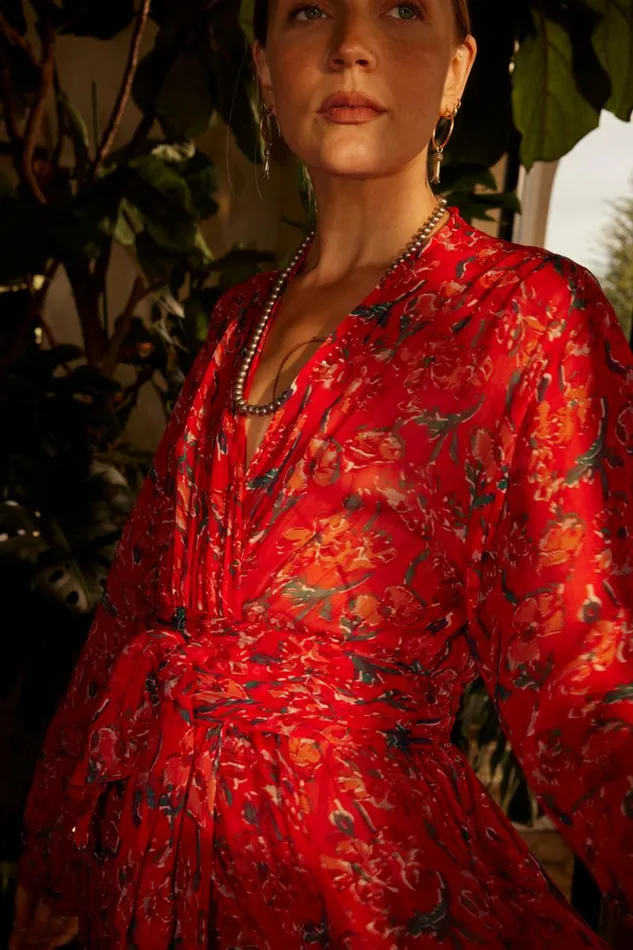 Women Natalie Martin Dresses Nico LS Maxi With Sash Silk Watercolor Onyx