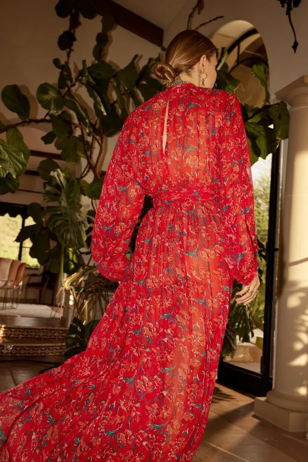 Women Natalie Martin Dresses Nico LS Maxi With Sash Silk Watercolor Onyx
