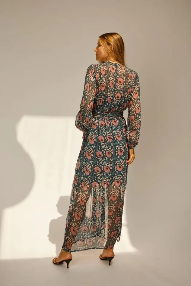Women Natalie Martin Dresses Nico LS Maxi With Sash Vintage Flowers Indigo