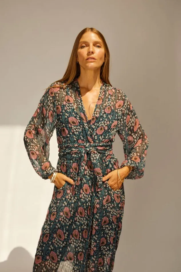 Women Natalie Martin Dresses Nico LS Maxi With Sash Vintage Flowers Indigo