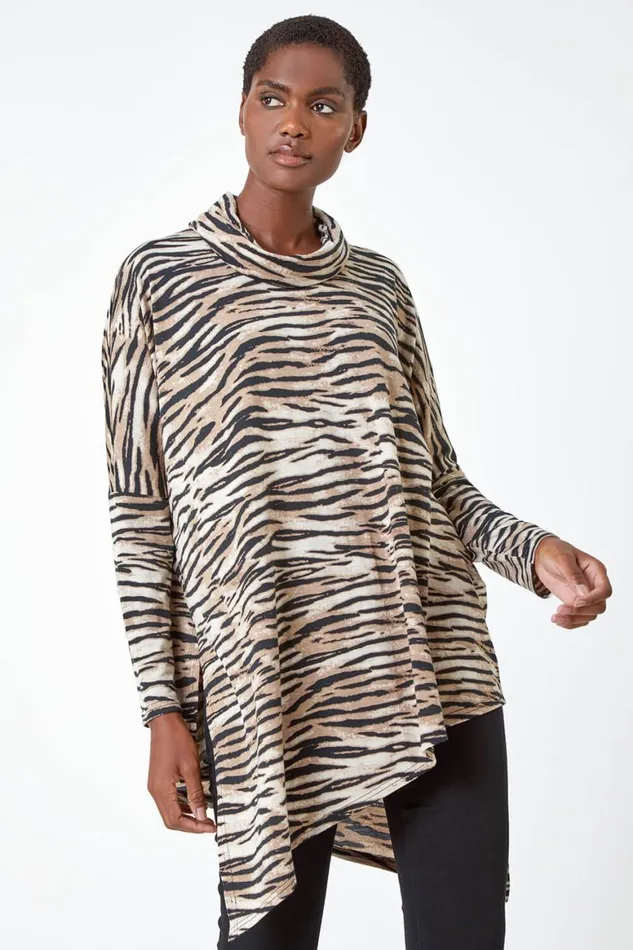 Women Natural Animal Print Asymmetric Stretch Top Roman Tops