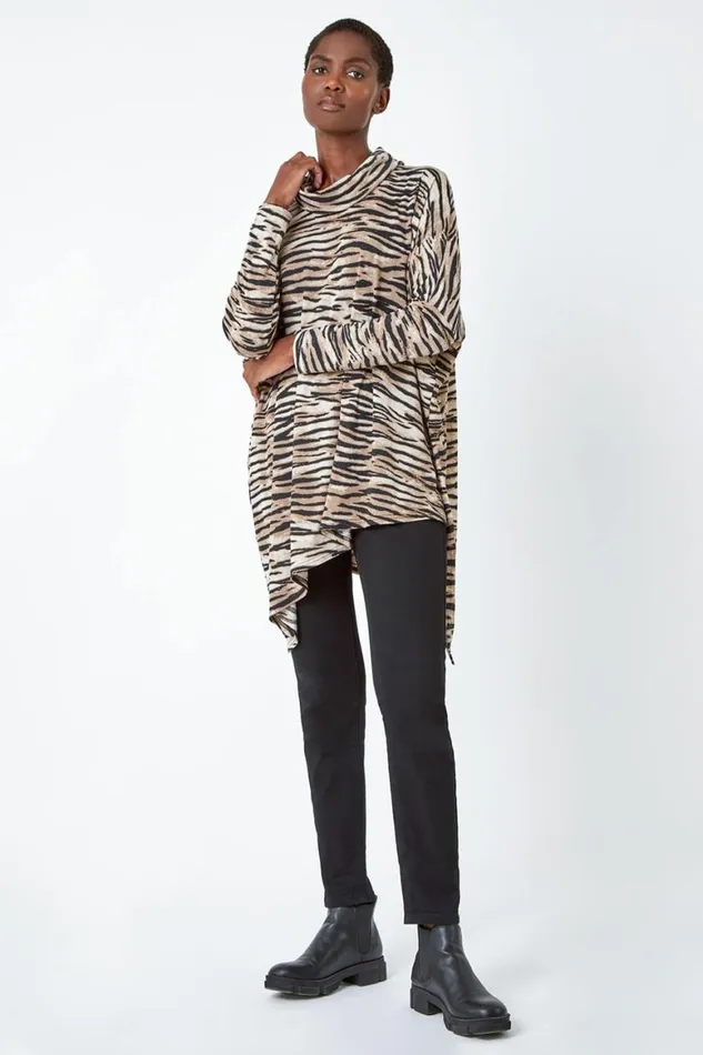 Women Natural Animal Print Asymmetric Stretch Top Roman Tops