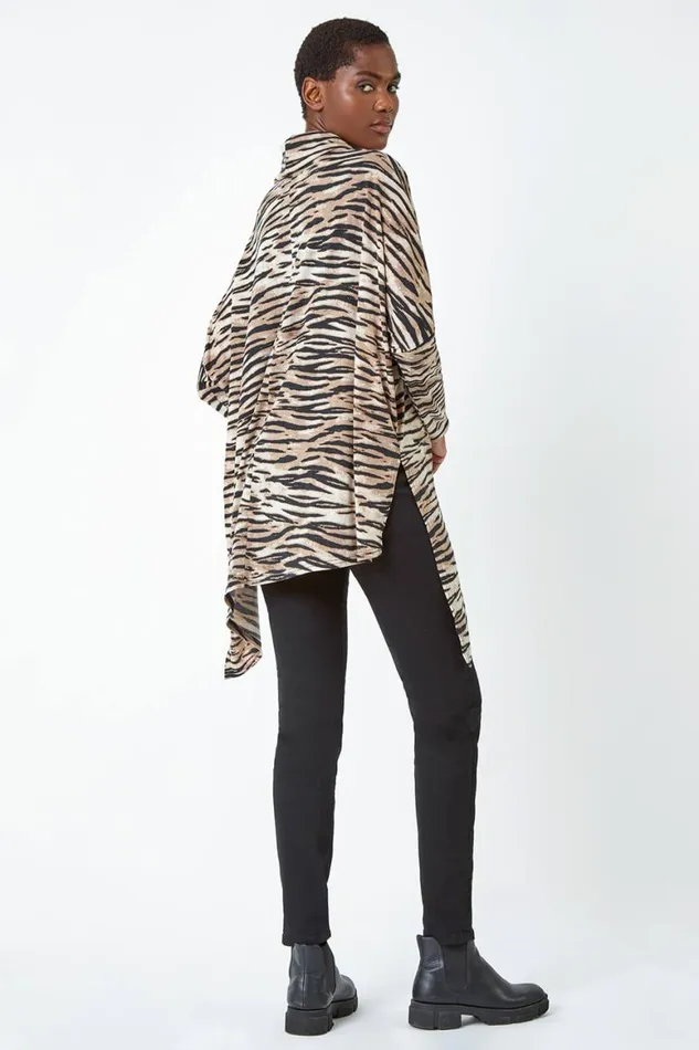 Women Natural Animal Print Asymmetric Stretch Top Roman Tops